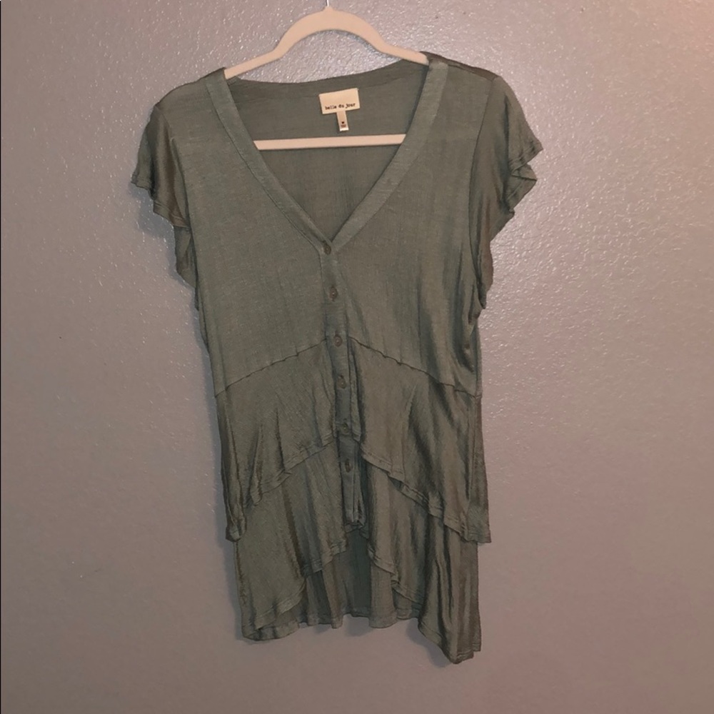 layered olive green button down top